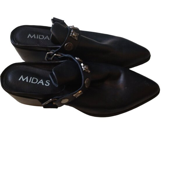 Midas Women's Eu 39 Black Leather Slip On "Delmont" Pointed Toe Block Heels - Picture 2 of 4